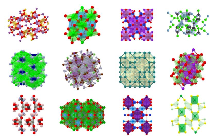 A group of different colored crystals in different shapes.