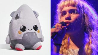 A picture of a stuffed animal and a picture of a girl singing.