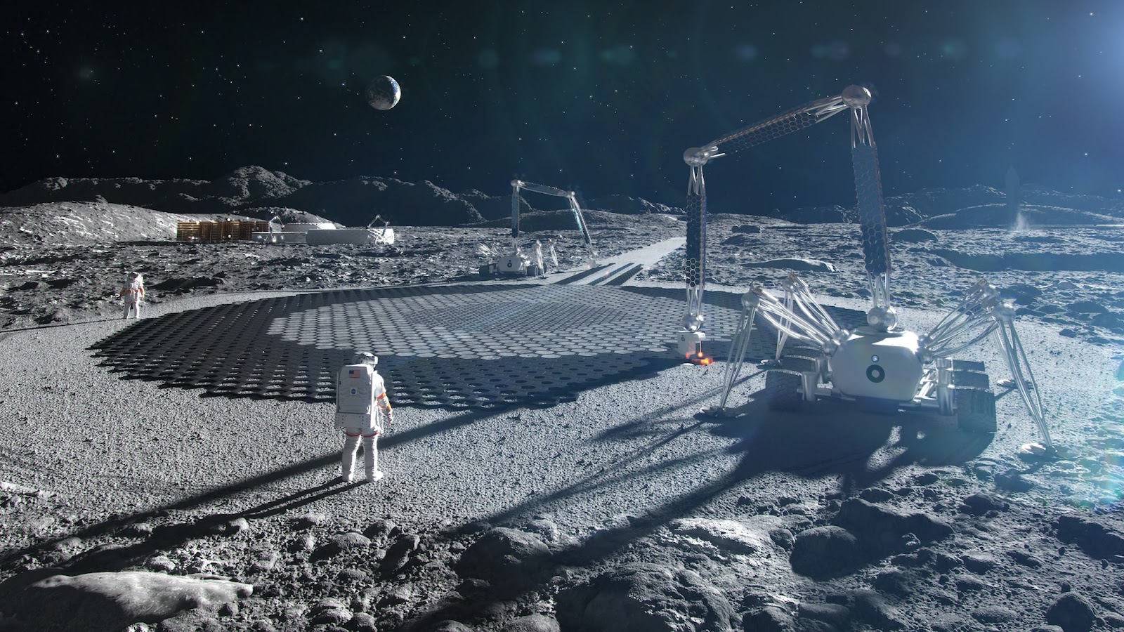 A rendering of an ICON robot performing construction on the moon