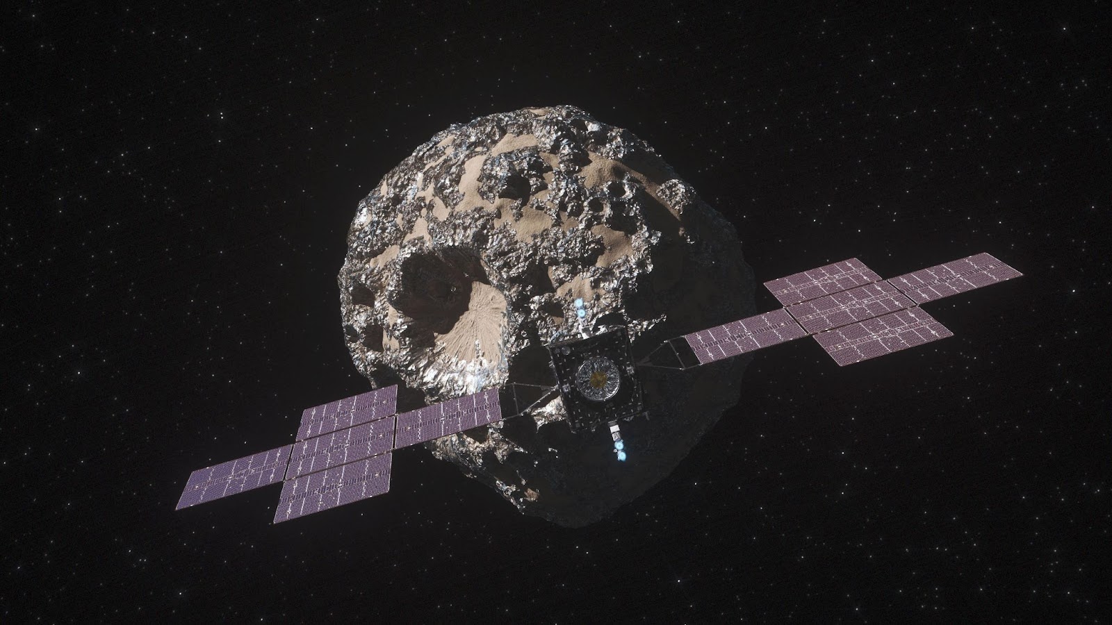 An artist's rendering of a spacecraft near an asteroid.