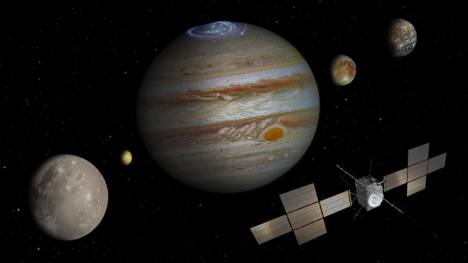 An artist's impression of JUICE nearing Jupiter and its moons.