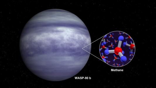 an artist's concept of an exoplanet next to a rendering of a methane molecule
