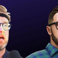 Two men with glasses and a beard in front of a purple background.