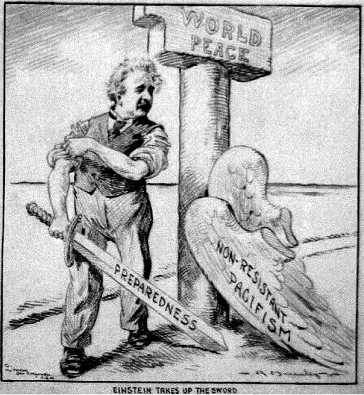 A cartoon of a man holding a sign that says world war.