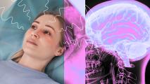 A collage featuring a woman lying in an MRI and an image of a brain