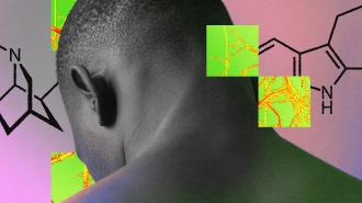 the back of a man's head with a colorful background featuring neurons and chemical symbols