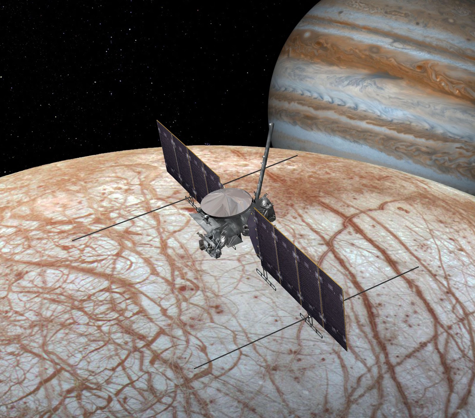 An artist's rendering of the Europa Clipper near Jupiter and its moons
