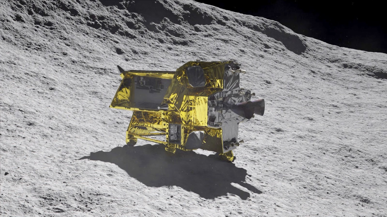 An artist's impression of the SLIM spacecraft on the surface of a moon.