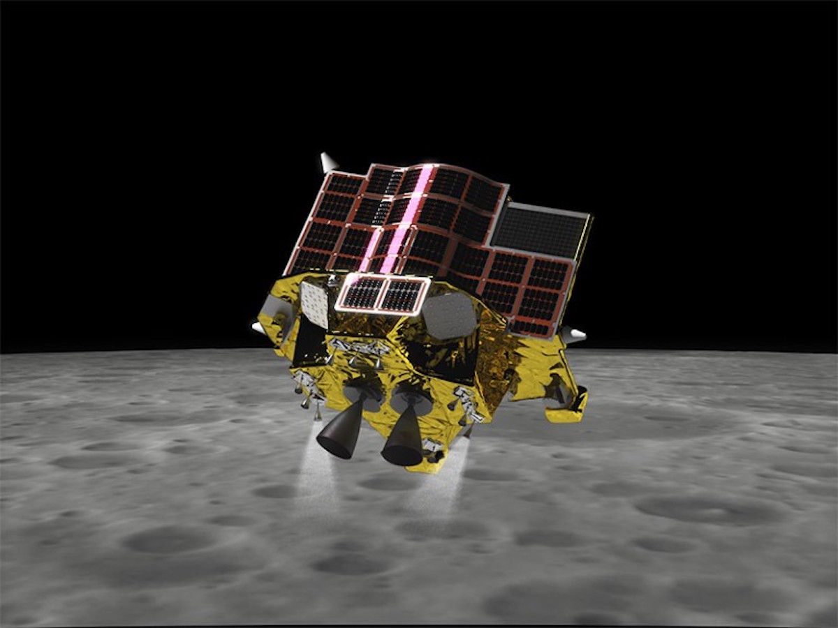 An artist's depiction of JAXA's SLIM spacecraft landing on the moon