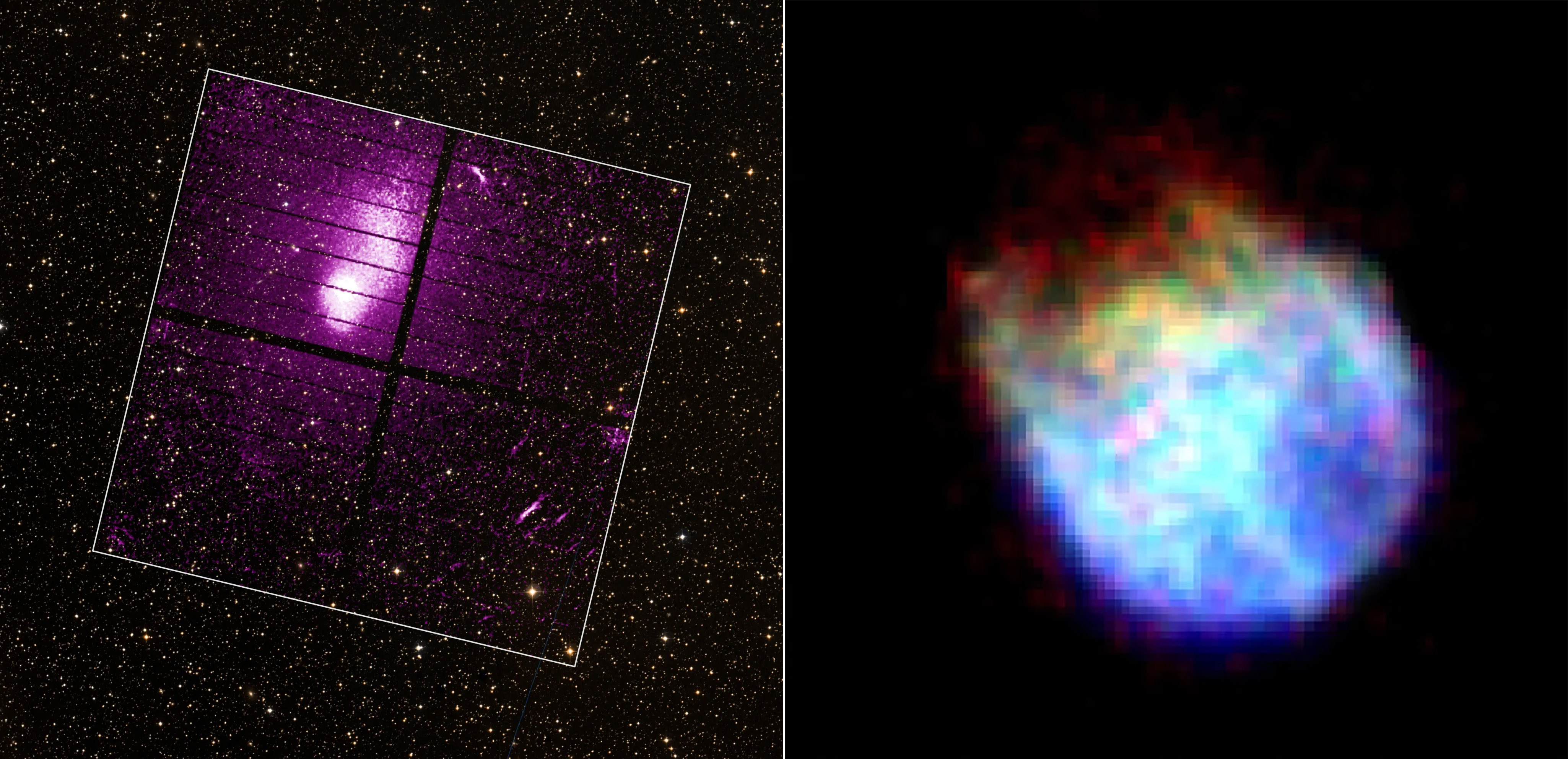 Abell 2319 is shown in purple on the left, while the supernova remnant N132D is captured on the right