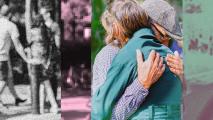 A collage showing older people hugging
