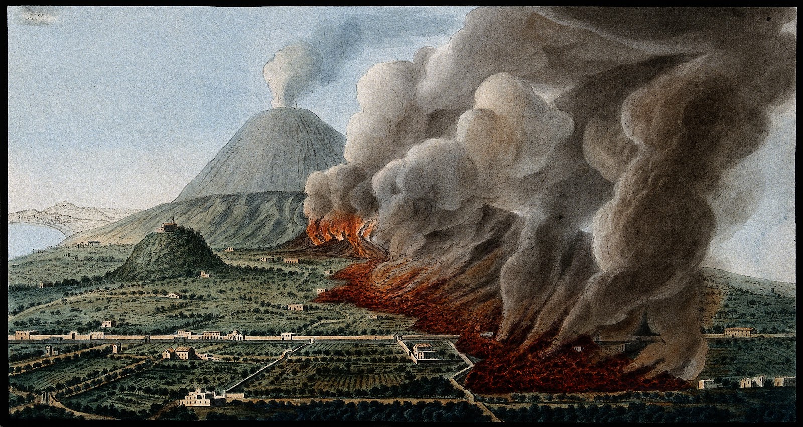 A drawing of a volcano with smoke coming out of it and lava flowing down the side