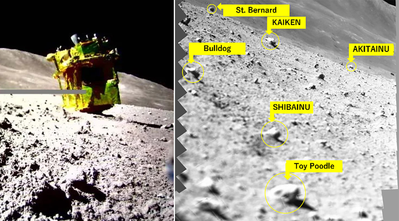 JAXA SLIM lander on the moon on the left, and labeled moon rocks on the right