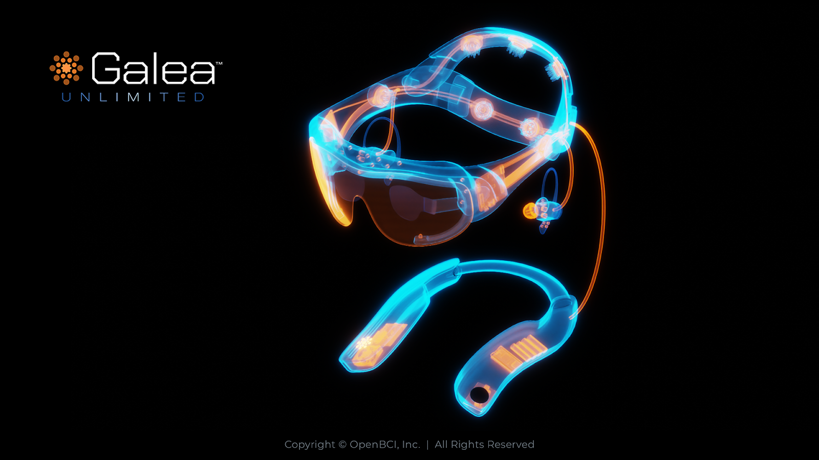 A rendering of the Galea Unlimited system. It features a VR headset that connects to a U-shaped component that rests over the shoulders.