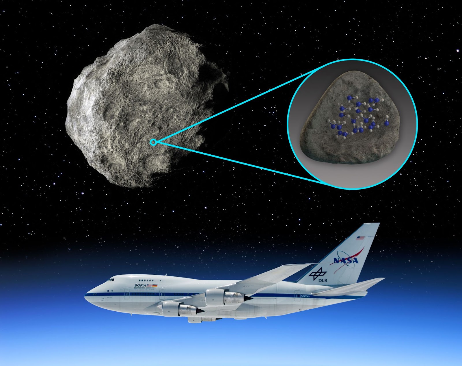 An illustration of a airplane in flight and an asteroid
