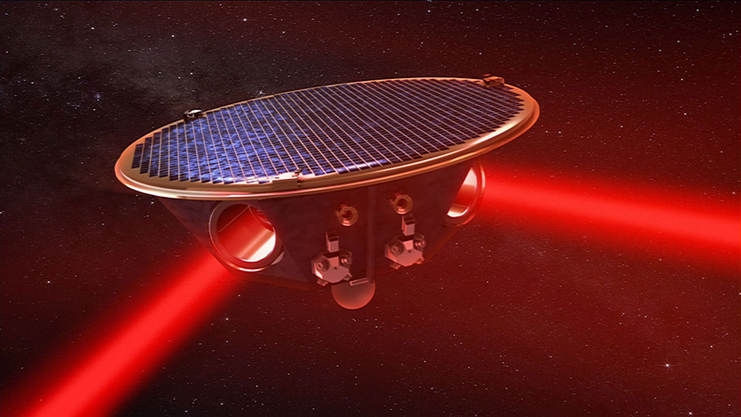 An artist's concept of one of the LISA spacecraft shooting red lasers