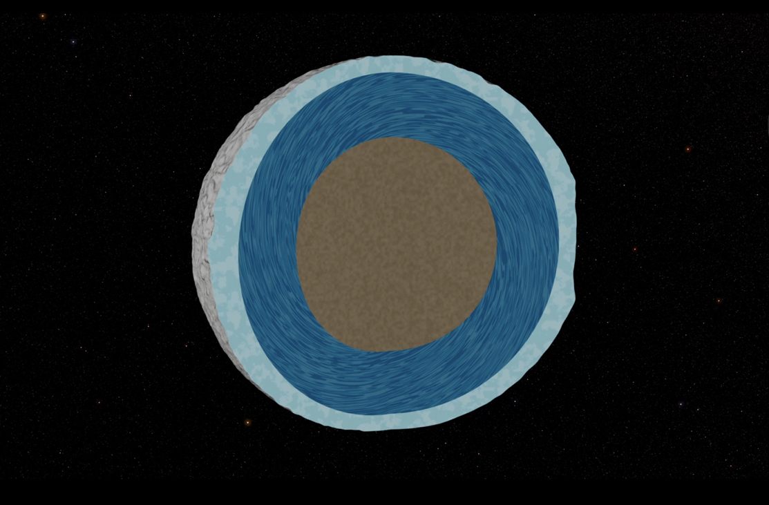 A cutaway diagram of Mimas' interior