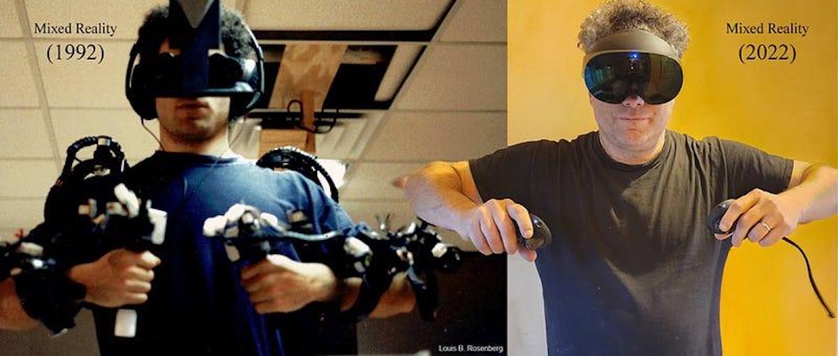 Side by side images of the same man using an early virtual reality headset and a modern one