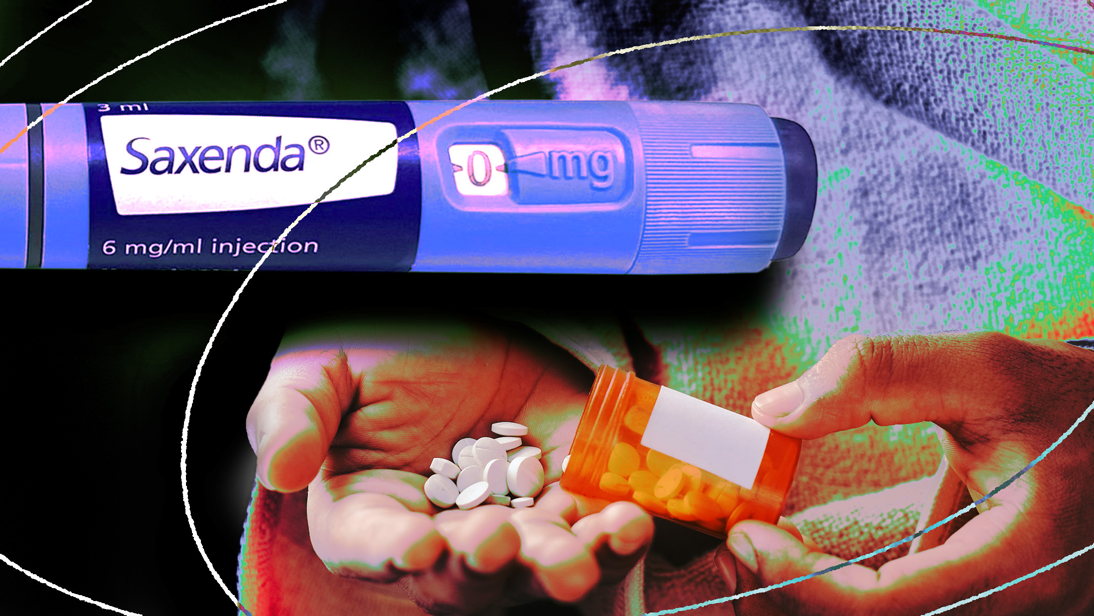 A collage featuring an injector pen for the weigh-loss drug Saxenda and a person's hand holding pills