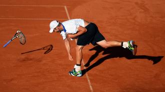 A man experiencing both failure and success on a tennis court.