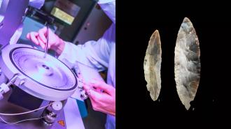 An MPI EVA researcher in the lab (left) and two stone tools from the LRJ found at the site in Ranis, Germany (right)