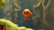 Orange cartoon character floating against a forest backdrop.