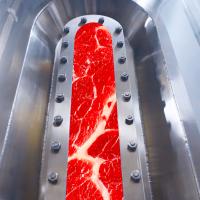 An image of a red meat in a stainless steel tube.