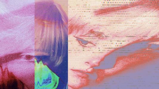 An abstract collage of overlapping images with varying textures and color saturation, depicting parts of a human face.