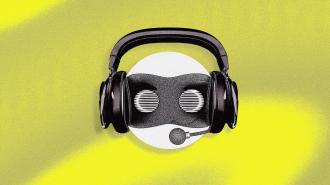 Industrial respirator mask with headphones and an AI coach on a yellow background.