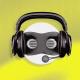 Industrial respirator mask with headphones and an AI coach on a yellow background.