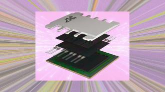 A stylized illustration of a disassembled microchip against a colorful radial background, symbolizing high speed computing.