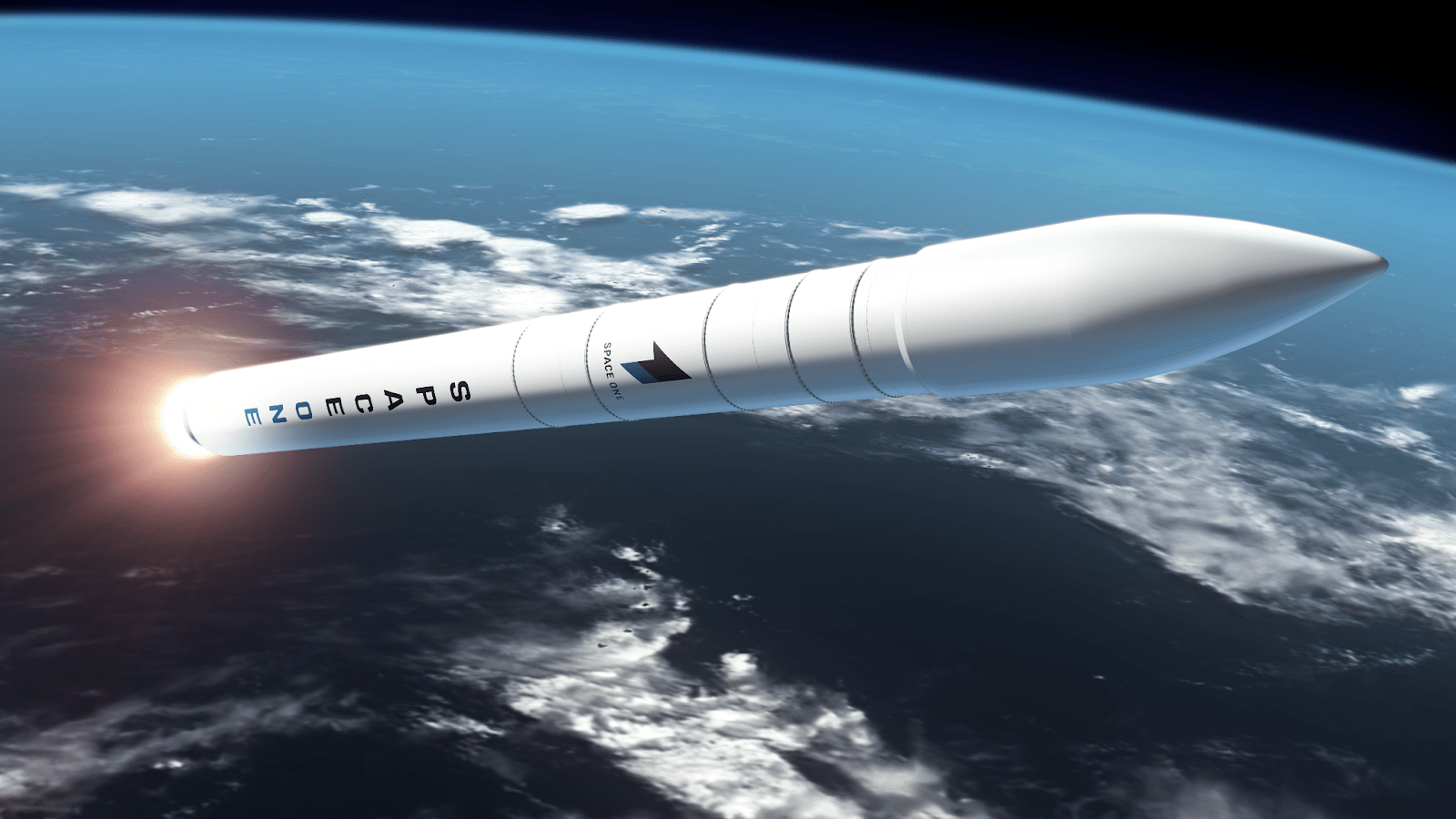 An artist's rendering of a Space One rocket flying over the Earth.