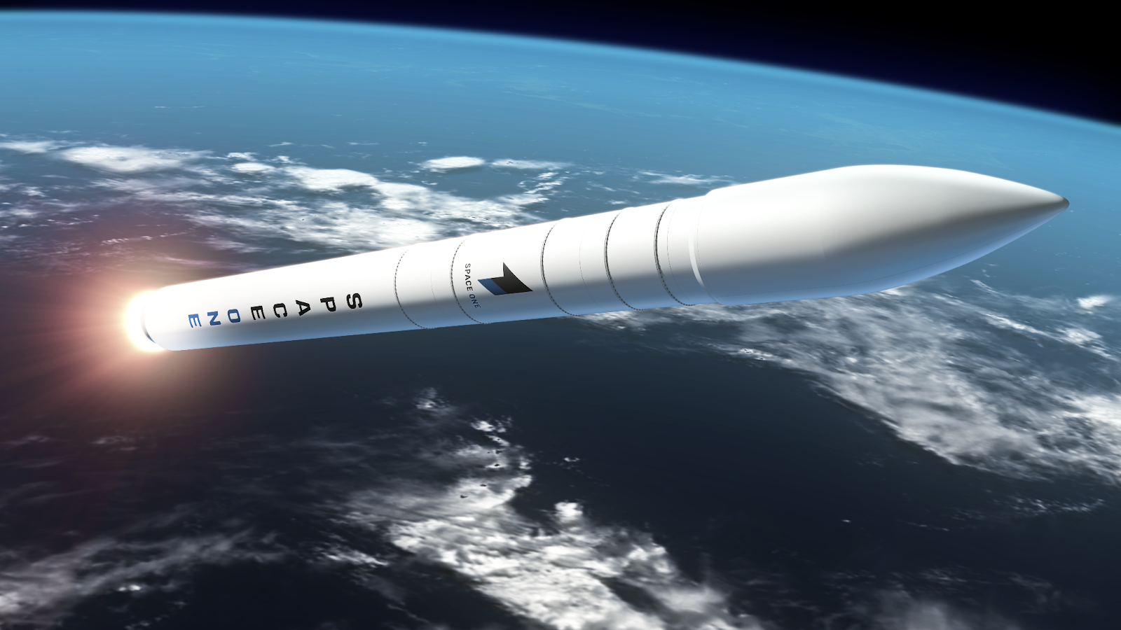 An artist's rendering of a Space One rocket flying over the Earth.