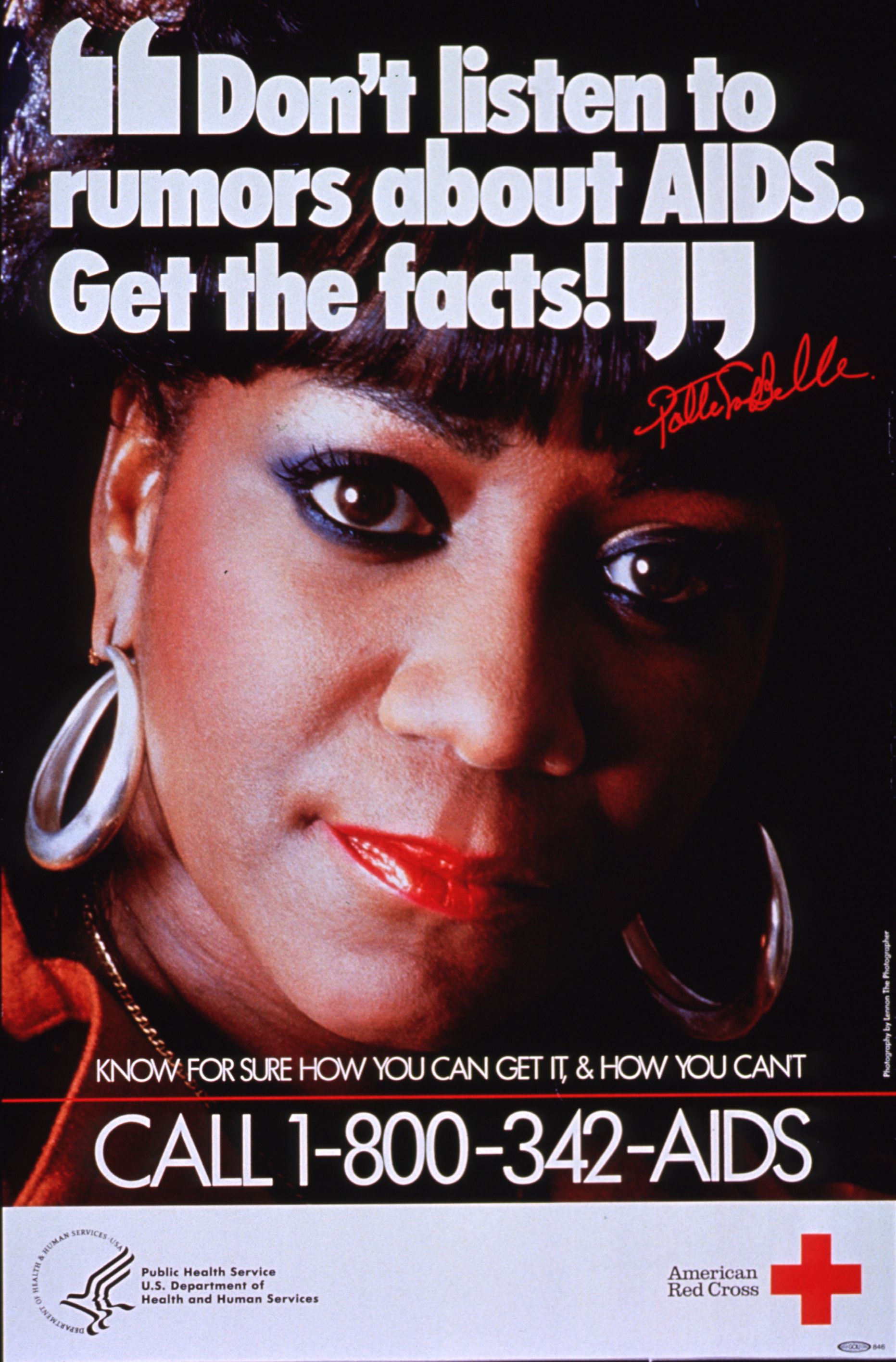 Public health poster featuring a quote by patti labelle discouraging aids rumors and promoting factual information, with contact information for the american red cross and a hotline number.