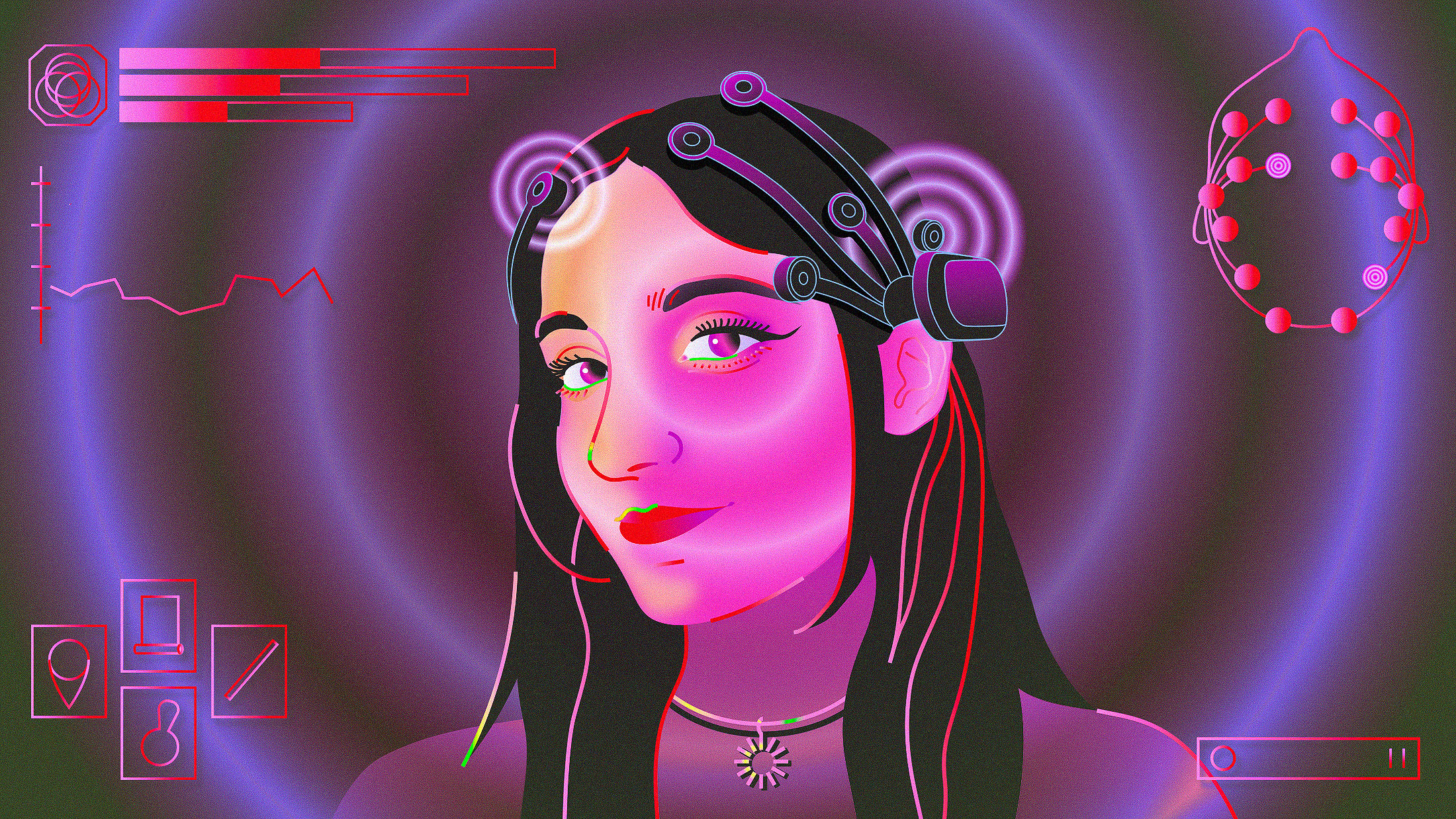 An image of a woman with a purple headband playing games with her mind.