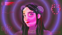 An image of a woman with a purple headband playing games with her mind.