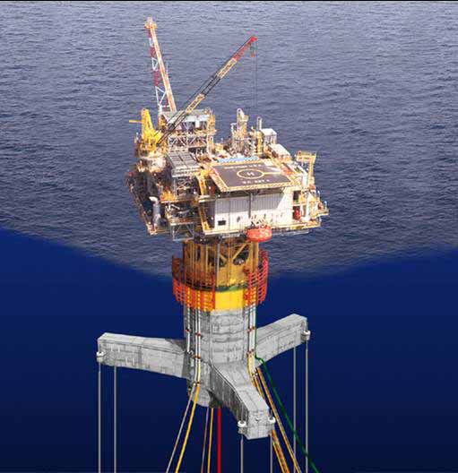 An offshore oil rig with a large crane and multiple levels, situated in a deep blue sea.