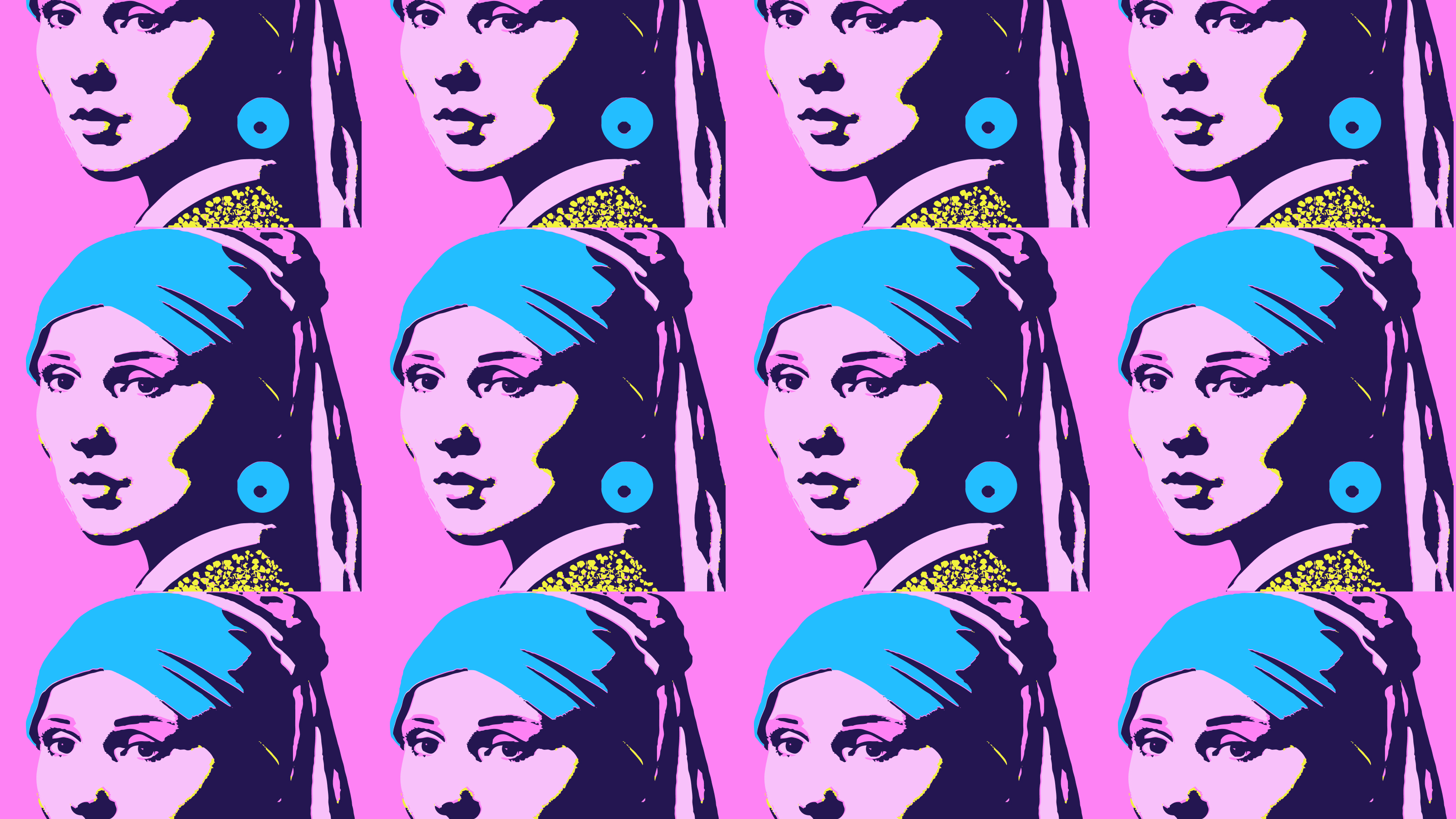 A bright collage featuring AI-generated images of 'Girl with a Pearl Earring' by Johannes Vermeer in the style of Andy Warhol's screenprints.