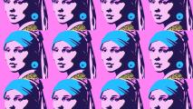 A bright collage featuring AI-generated images of 'Girl with a Pearl Earring' by Johannes Vermeer in the style of Andy Warhol's screenprints.