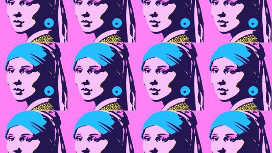A bright collage featuring AI-generated images of 'Girl with a Pearl Earring' by Johannes Vermeer in the style of Andy Warhol's screenprints.