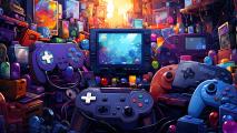 A vibrant digital illustration of a retro gaming setup with various controllers, cartridges, and monitors against a backdrop of an urban sunset.
