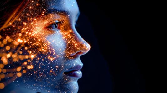 Close-up of a woman's face with glowing orange and blue digital effects resembling stars on her skin.