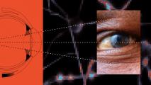 Collage of a close-up human eye and abstract digital graphics symbolizing artificial vision with lines and light effects on a vibrant orange and black background.