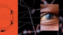 Collage of a close-up human eye and abstract digital graphics symbolizing artificial vision with lines and light effects on a vibrant orange and black background.