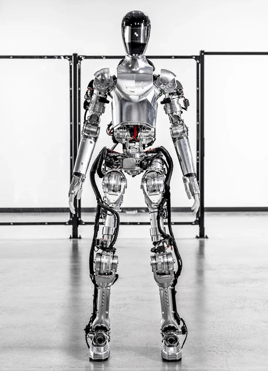 Figure AI's humanoid robot Figure 01. It is mostly made of shiny chrome