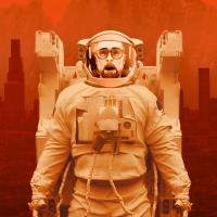 A person in an astronaut suit against an orange-hued cityscape background.