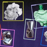 Collage of various crushed recyclables including plastic bottles, aluminum cans, and crumpled paper against a dark background.