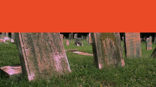 An image of old, weathered gravestones covered in grass. The image is cut short by an orange rectangle to symbolize the shortening of death.