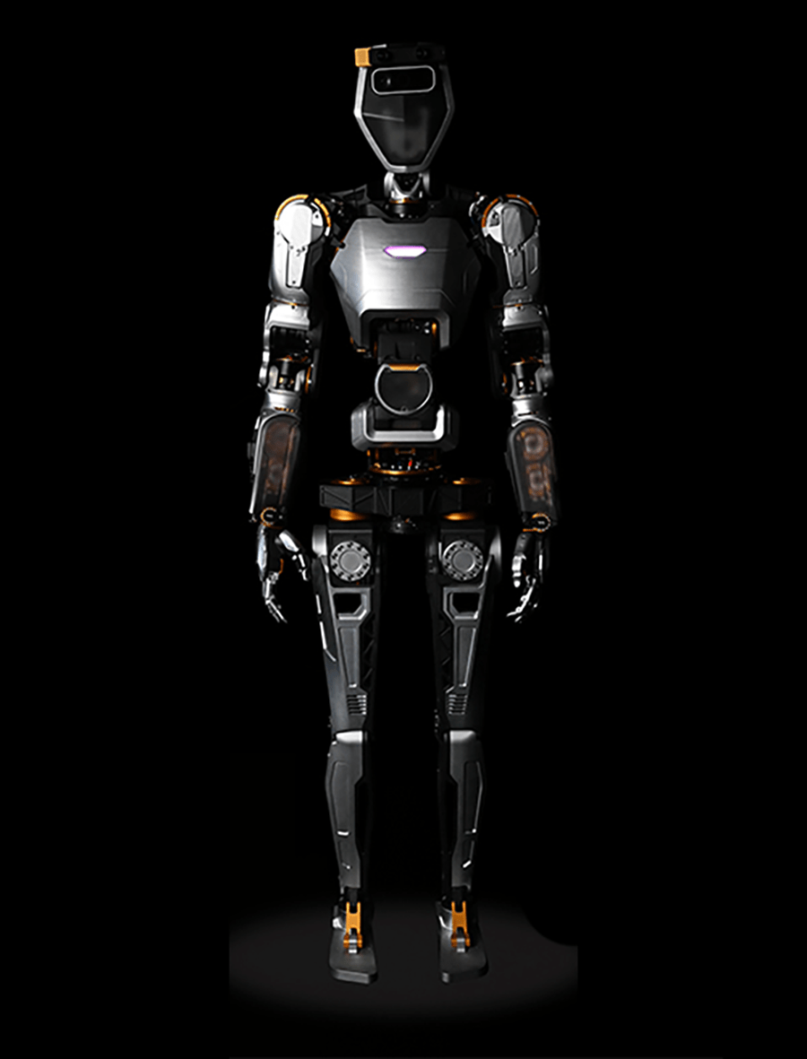 Sanctuary AI's humanoid robot Phoenix. It is mostly black and dark gray and on a black background