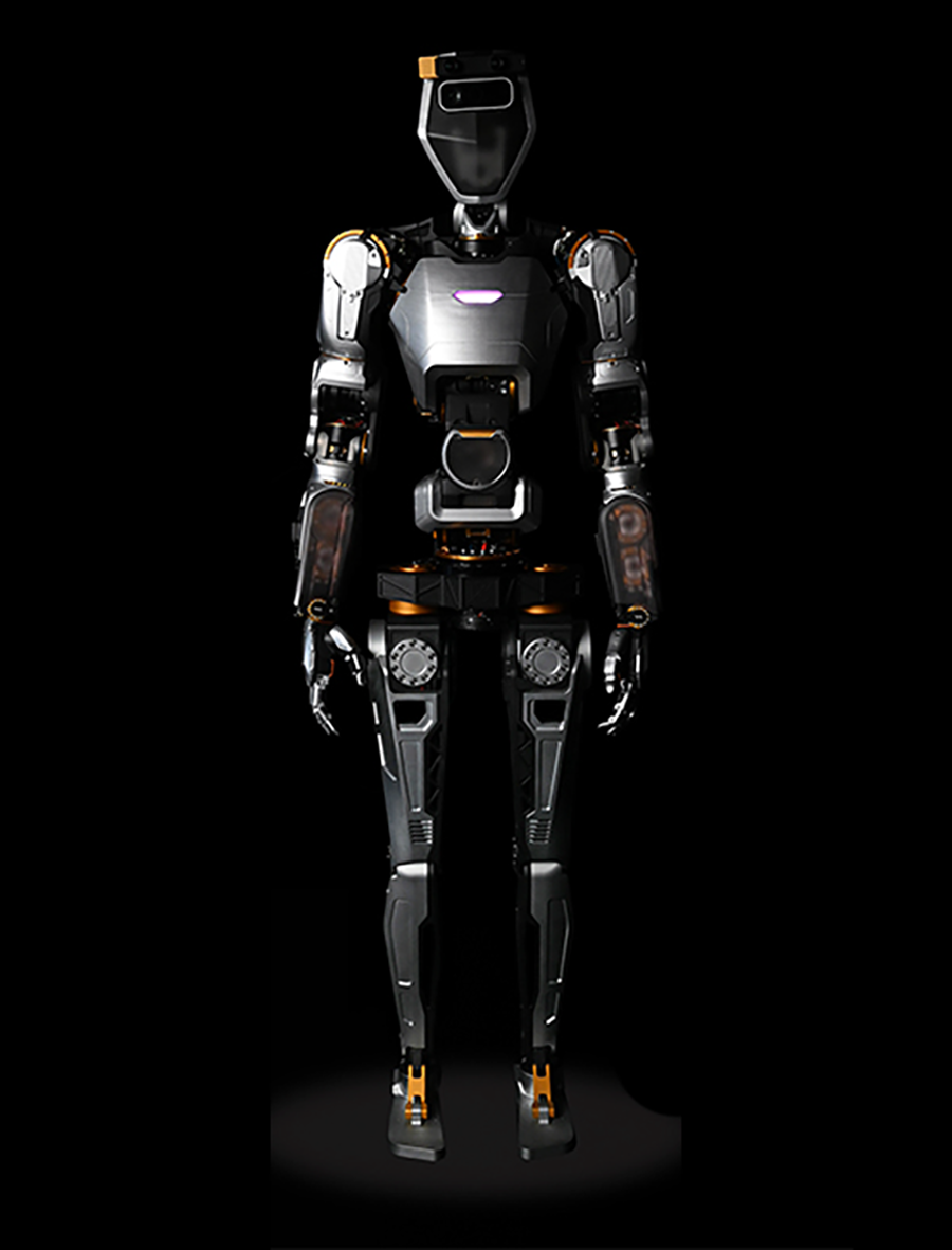 Sanctuary AI's humanoid robot Phoenix. It is mostly black and dark gray and on a black background